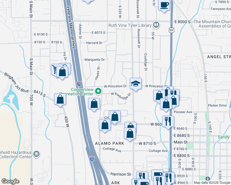 map of restaurants, bars, coffee shops, grocery stores, and more near 239 8375 South in Midvale