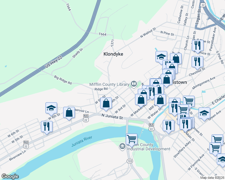 map of restaurants, bars, coffee shops, grocery stores, and more near 199 W 5th St in Lewistown