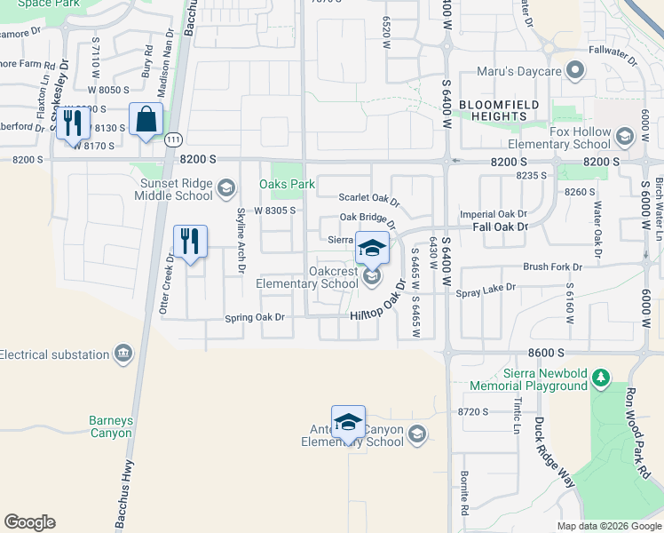 map of restaurants, bars, coffee shops, grocery stores, and more near 6617 Sierra Oaks Drive in West Jordan