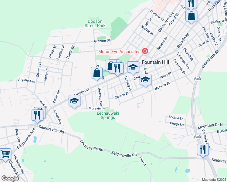 map of restaurants, bars, coffee shops, grocery stores, and more near 1413 Sioux Street in Fountain Hill