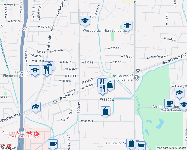 map of restaurants, bars, coffee shops, grocery stores, and more near 3067 Great Pasture Road in West Jordan