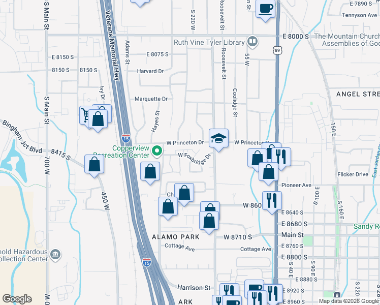 map of restaurants, bars, coffee shops, grocery stores, and more near 239 8375 South in Midvale
