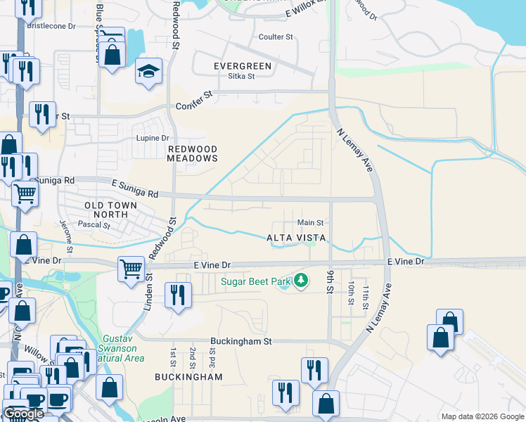 map of restaurants, bars, coffee shops, grocery stores, and more near 813 Martinez Street in Fort Collins