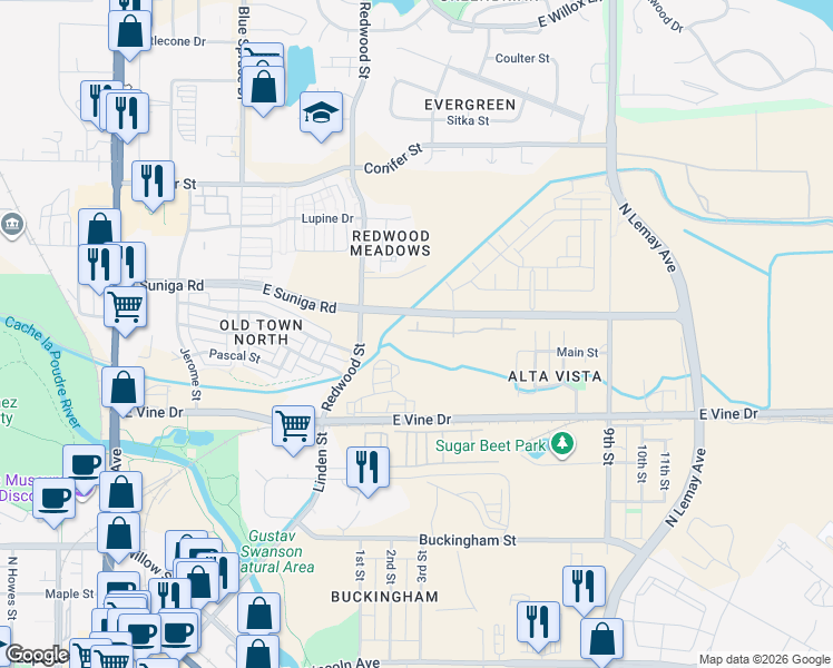 map of restaurants, bars, coffee shops, grocery stores, and more near 901 Sundrop Circle in Fort Collins
