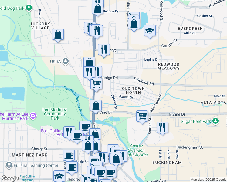 map of restaurants, bars, coffee shops, grocery stores, and more near 227 Osiander Street in Fort Collins