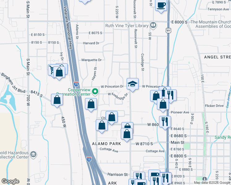 map of restaurants, bars, coffee shops, grocery stores, and more near 239 8375 South in Midvale
