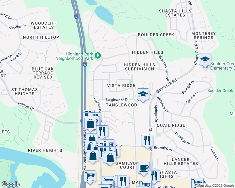 map of restaurants, bars, coffee shops, grocery stores, and more near 570 Viewpoint Drive in Redding