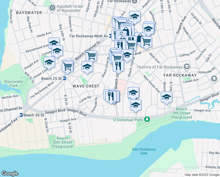 map of restaurants, bars, coffee shops, grocery stores, and more near 20-30 Elk Drive in Queens