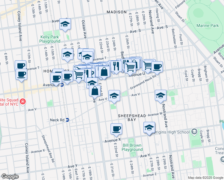 map of restaurants, bars, coffee shops, grocery stores, and more near 2128 East 23rd Street in Brooklyn