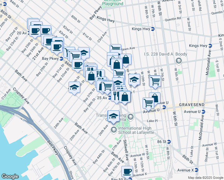 map of restaurants, bars, coffee shops, grocery stores, and more near 1985 Stillwell Avenue in Brooklyn