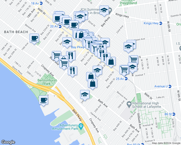 map of restaurants, bars, coffee shops, grocery stores, and more near 2260 Benson Avenue in Brooklyn