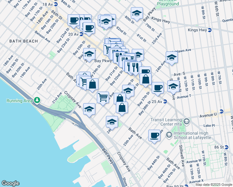 map of restaurants, bars, coffee shops, grocery stores, and more near 2260 Benson Avenue in Brooklyn