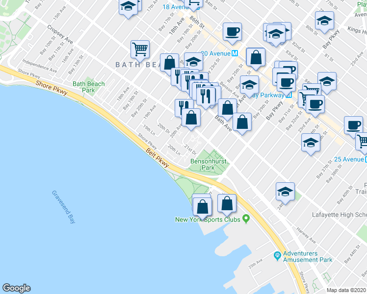 map of restaurants, bars, coffee shops, grocery stores, and more near 2044 Cropsey Avenue in Brooklyn