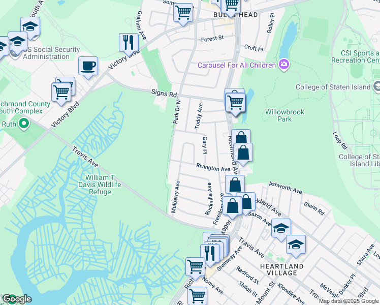map of restaurants, bars, coffee shops, grocery stores, and more near 66 Mulberry Circle in Staten Island