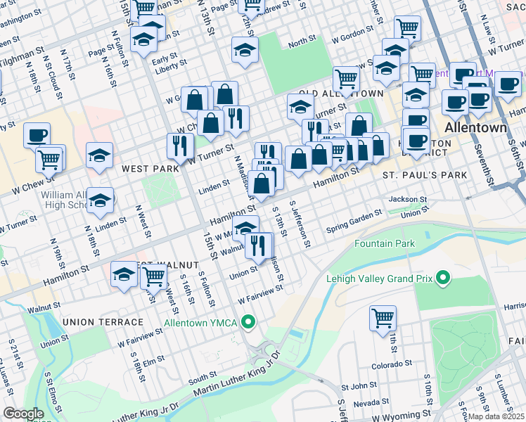 map of restaurants, bars, coffee shops, grocery stores, and more near 1315 Hamilton Street in Allentown