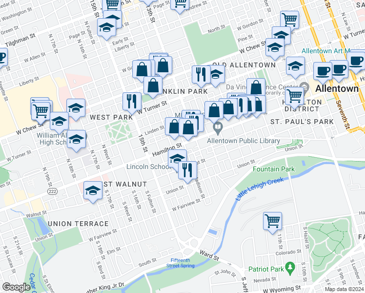 map of restaurants, bars, coffee shops, grocery stores, and more near 1315 Hamilton Street in Allentown