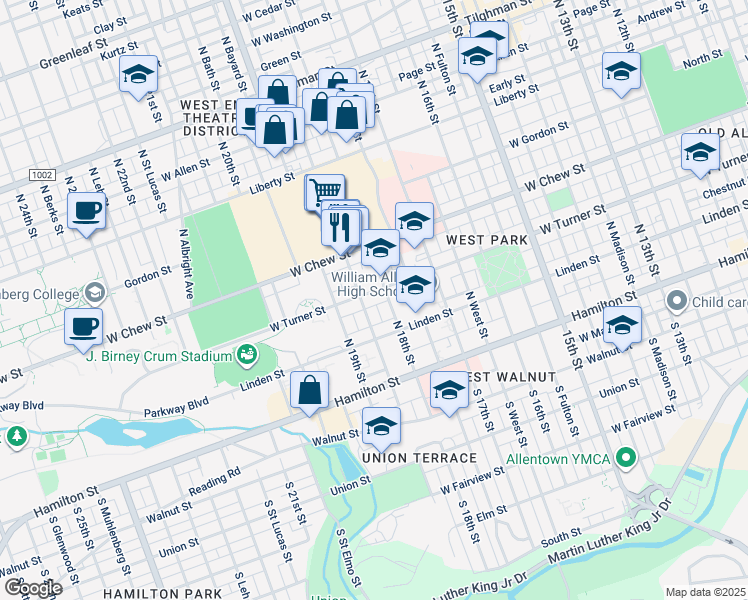 map of restaurants, bars, coffee shops, grocery stores, and more near 1825 West Turner Street in Allentown