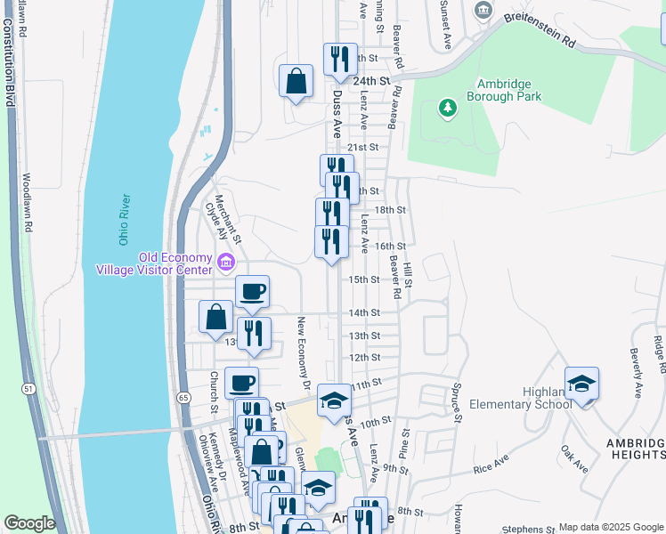 map of restaurants, bars, coffee shops, grocery stores, and more near 1598 Duss Avenue in Ambridge