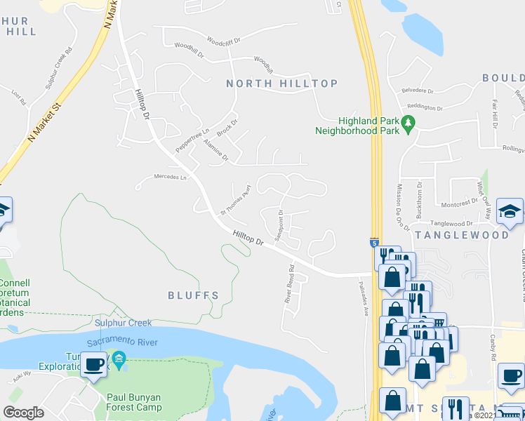 map of restaurants, bars, coffee shops, grocery stores, and more near 37 Hilltop Drive in Redding