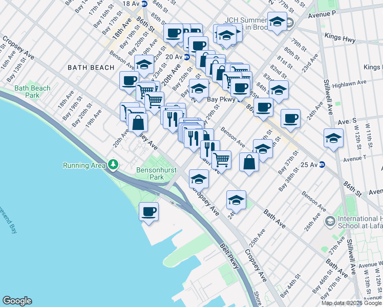 map of restaurants, bars, coffee shops, grocery stores, and more near 2149 Bath Avenue in Brooklyn