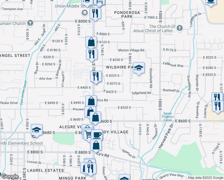 map of restaurants, bars, coffee shops, grocery stores, and more near 781 East 8425 South in Sandy