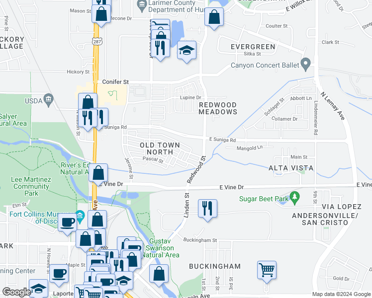 map of restaurants, bars, coffee shops, grocery stores, and more near 480 Osiander Street in Fort Collins
