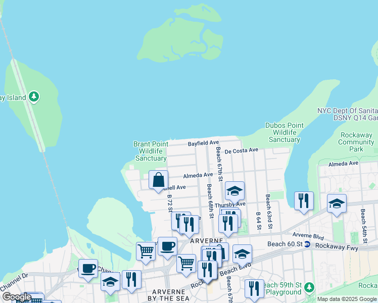 map of restaurants, bars, coffee shops, grocery stores, and more near 69-32 Bayfield Avenue in Queens
