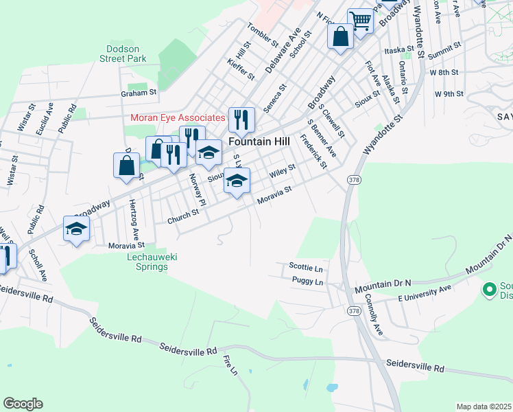 map of restaurants, bars, coffee shops, grocery stores, and more near 1238 Moravia Street in Fountain Hill