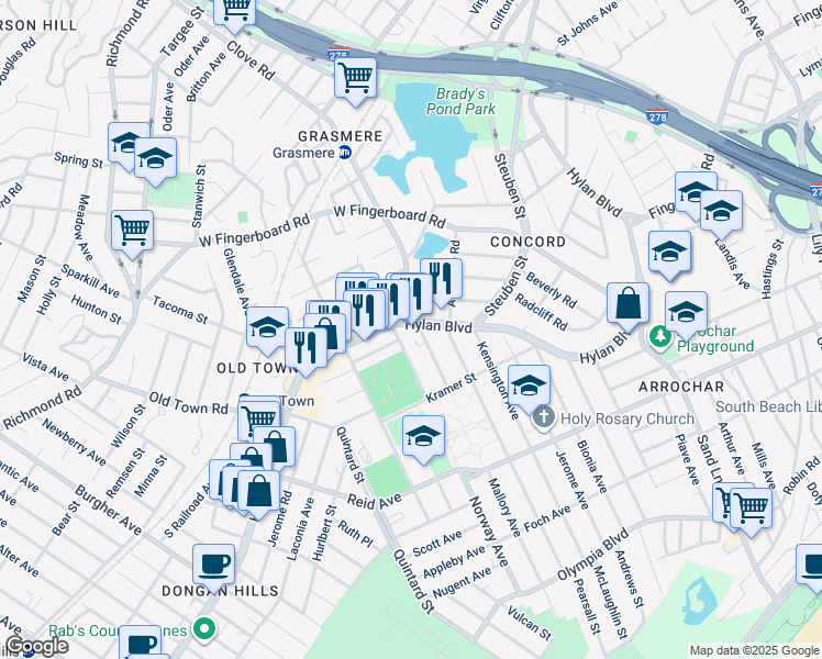 map of restaurants, bars, coffee shops, grocery stores, and more near 1139 Hylan Boulevard in Staten Island