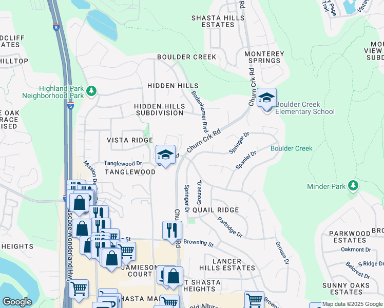 map of restaurants, bars, coffee shops, grocery stores, and more near 789 Springer Drive in Redding