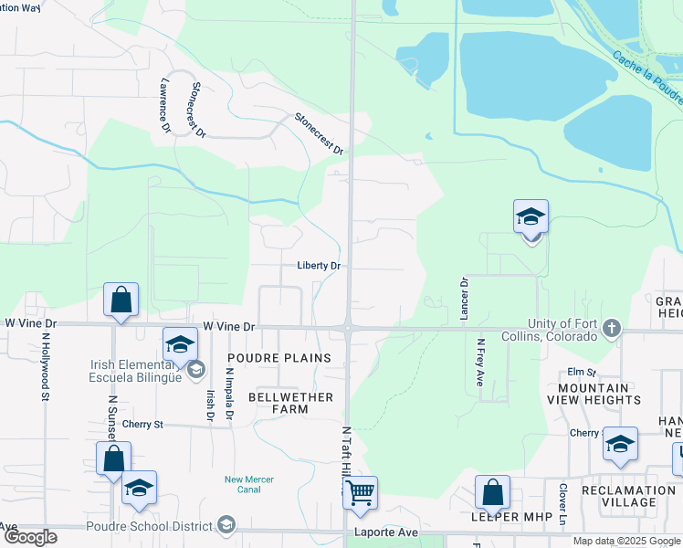 map of restaurants, bars, coffee shops, grocery stores, and more near 831 North Taft Hill Road in Fort Collins