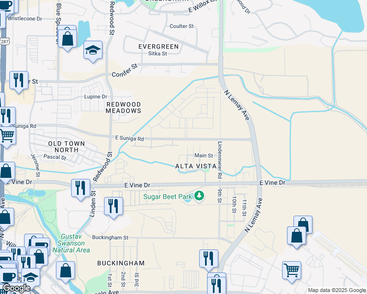 map of restaurants, bars, coffee shops, grocery stores, and more near 813 Martinez Street in Fort Collins