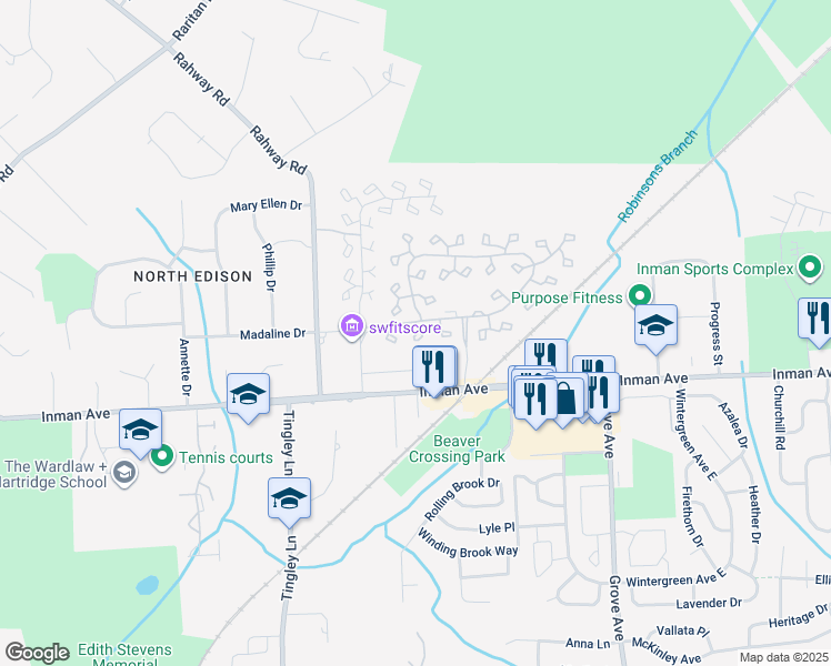 map of restaurants, bars, coffee shops, grocery stores, and more near 36 Westgate Drive in Edison