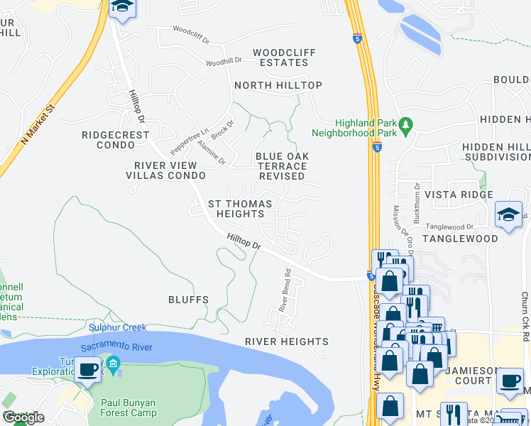 map of restaurants, bars, coffee shops, grocery stores, and more near 42 Hilltop Drive in Redding