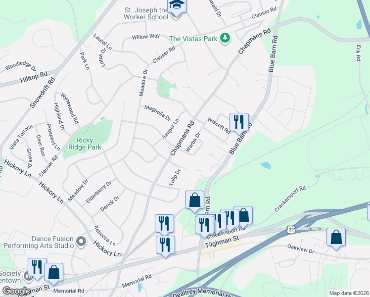 map of restaurants, bars, coffee shops, grocery stores, and more near 5520 Chapmans Road in Allentown