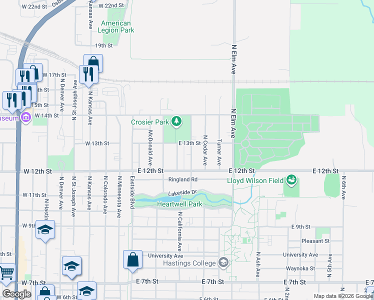 map of restaurants, bars, coffee shops, grocery stores, and more near 1235 North California Avenue in Hastings