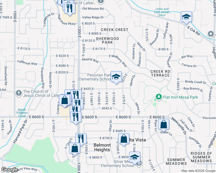 map of restaurants, bars, coffee shops, grocery stores, and more near 8411 South 1475 East in Sandy