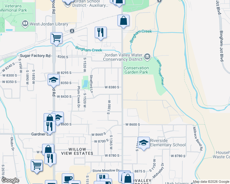 map of restaurants, bars, coffee shops, grocery stores, and more near 8366 South 1320 West in West Jordan