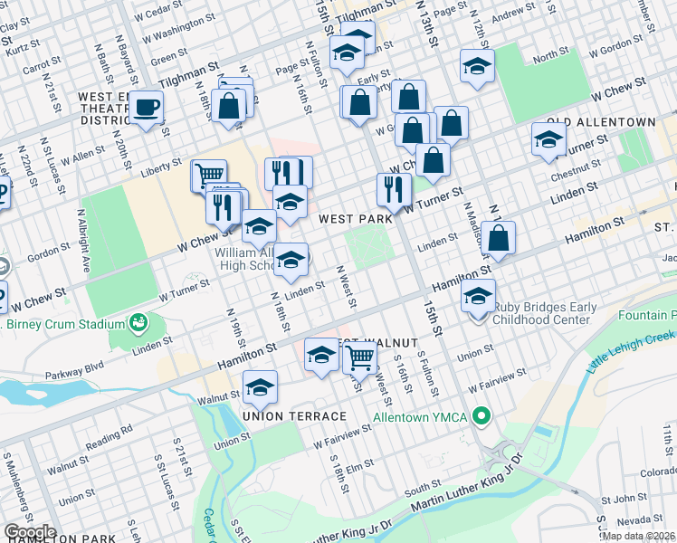 map of restaurants, bars, coffee shops, grocery stores, and more near 132 North West Street in Allentown