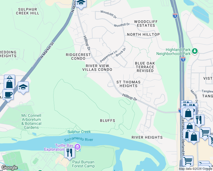 map of restaurants, bars, coffee shops, grocery stores, and more near 500 Hilltop Drive in Redding