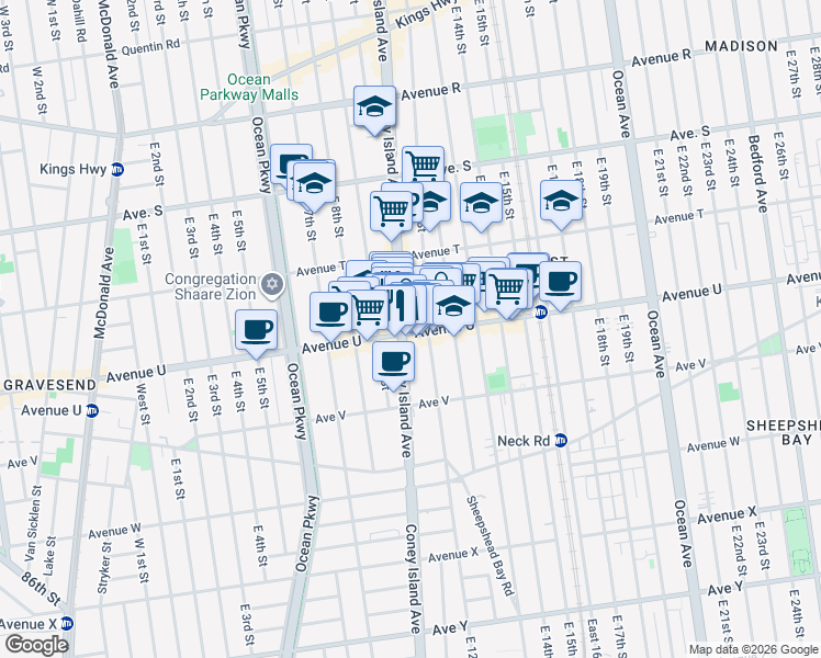 map of restaurants, bars, coffee shops, grocery stores, and more near 2066 East 12th Street in Brooklyn