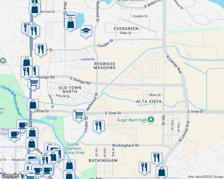 map of restaurants, bars, coffee shops, grocery stores, and more near 728 Mangold Lane in Fort Collins