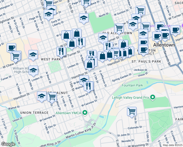 map of restaurants, bars, coffee shops, grocery stores, and more near 1310 Hamilton Street in Allentown