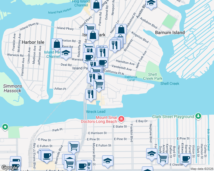 map of restaurants, bars, coffee shops, grocery stores, and more near 1017 California Place North in Barnum Island