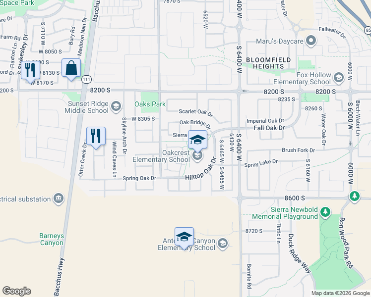 map of restaurants, bars, coffee shops, grocery stores, and more near 8419 Ivy Gable Drive in West Jordan