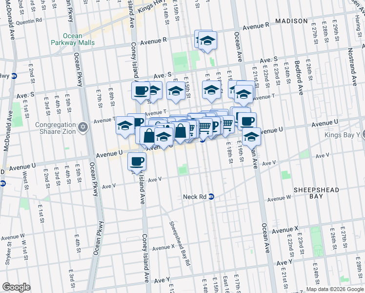map of restaurants, bars, coffee shops, grocery stores, and more near 2074 East 14th Street in Brooklyn