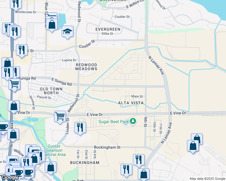 map of restaurants, bars, coffee shops, grocery stores, and more near 813 Martinez St in Fort Collins