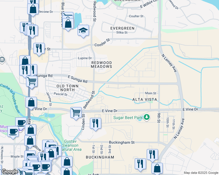 map of restaurants, bars, coffee shops, grocery stores, and more near 901 Sundrop Circle in Fort Collins