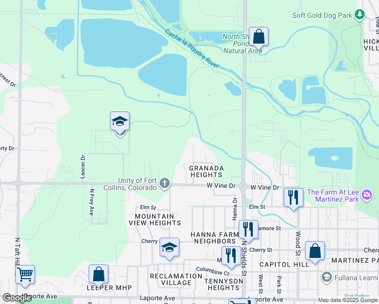 map of restaurants, bars, coffee shops, grocery stores, and more near 849 Aztec Drive in Fort Collins