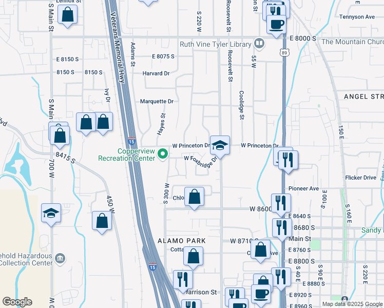 map of restaurants, bars, coffee shops, grocery stores, and more near 239 8375 South in Midvale
